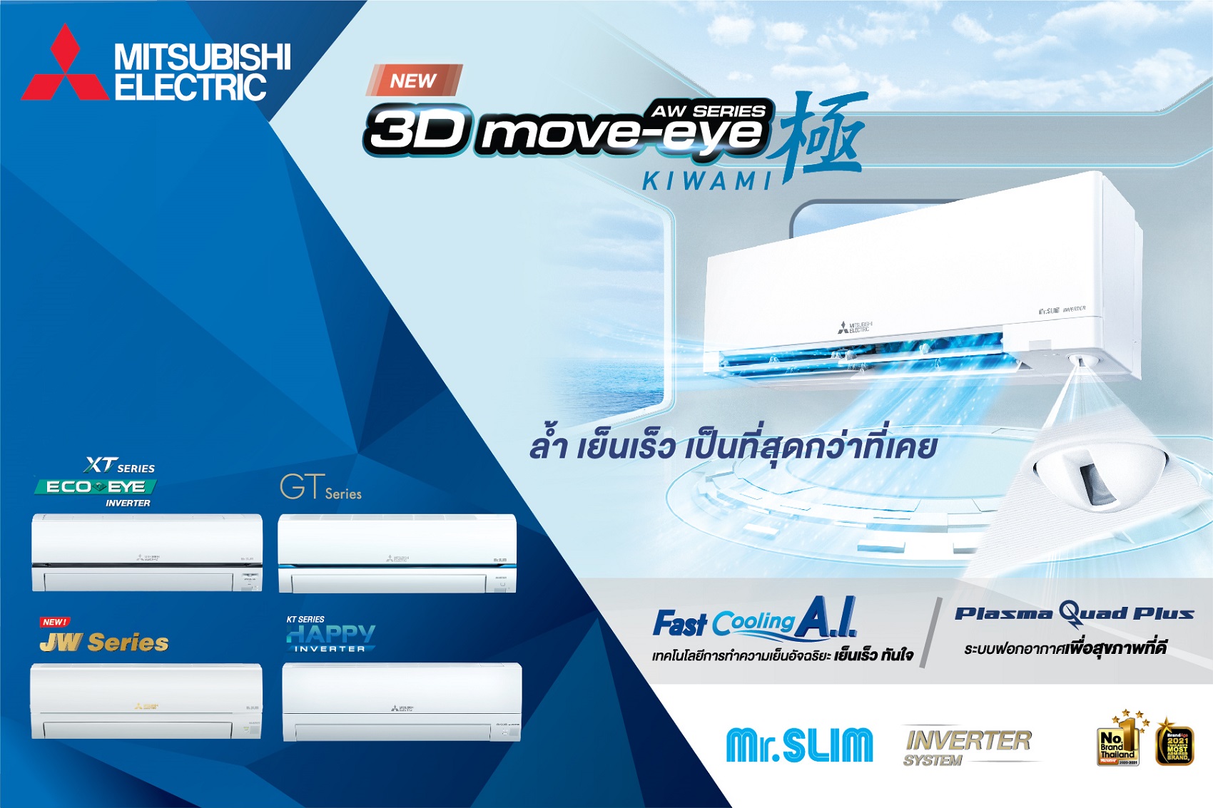 ข่าวสินค้า, บริการ - มิตซูบิชิ อีเล็คทริค มิสเตอร์สลิม AW Series 3D Move-eye Kiwami พัฒนาการขั้นสุดของความเย็นและความสะดวกสบายที่มากกว่า