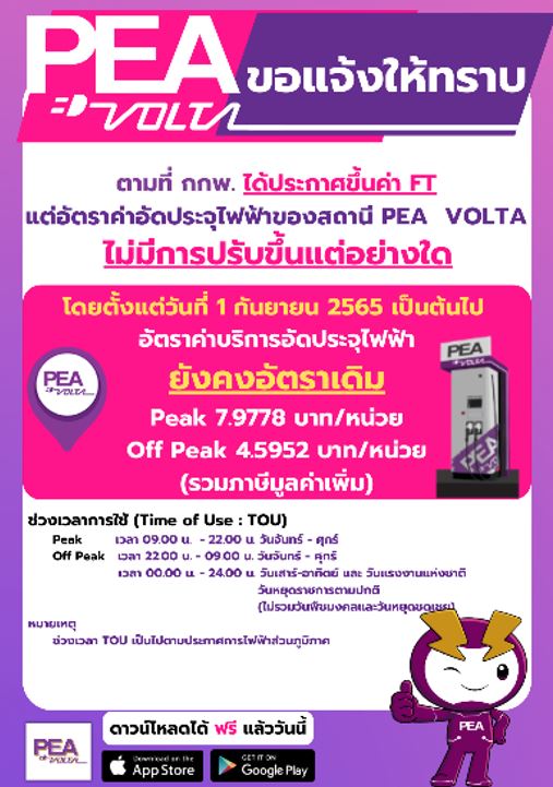 ข่าวประชาสัมพันธ์ - PR News การไฟฟ้าส่วนภูมิภาค ประกาศเรื่องอัตราค่าบริการอัดประจุไฟฟ้าของสถานี PEA VOLTA ตั้งแต่วันที่ 1 กันยายน 2565 เป็นต้นไป