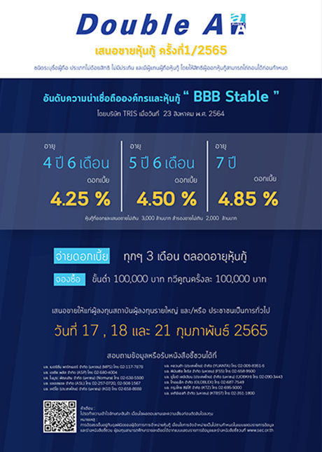 ข่าวธุรกิจ, สังคม - ดั๊บเบิ้ล เอ เปิดขายหุ้นกู้ 1/2565 อัตราดอกเบี้ยสูงสุด 4.85% ต่อปี