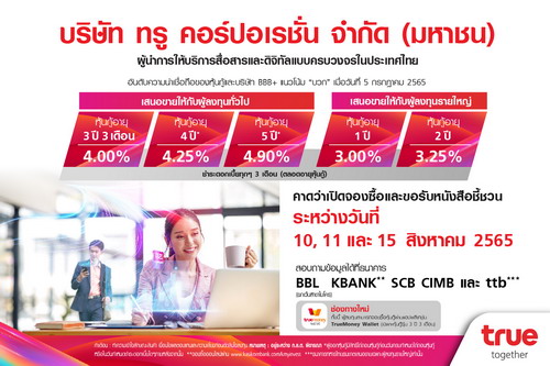 ข่าวการเงิน - Money News ทรู เพิ่มทางเลือกนักลงทุน เตรียมออกหุ้นกู้ 5 ชุด ชูดอกเบี้ย 3.00 ? 4.90% ต่อปี
