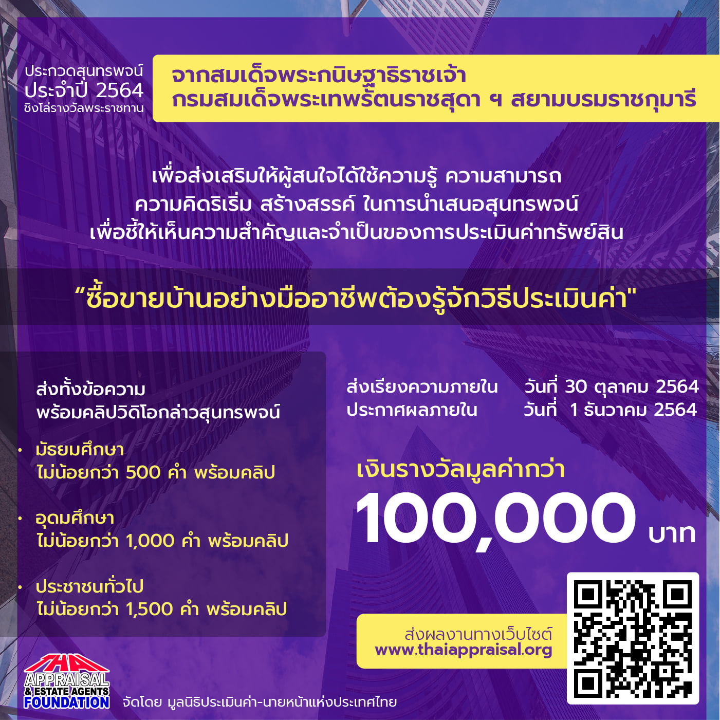 ข่าวสัมมนา - ประกวดสุนทรพจน์ประจำปี 2564: ซื้อขายบ้านอย่างมืออาชีพต้องรู้จักวิธีประเมินค่า  . โดยมีวัตถุประสงค์เพื่อเป็นการส่งเสริมให้นักเรียน นิสิต นักศึกษา ข้าราชการ และประชาชนทั่วไป ได้ใช้ความรู้ ความสามารถ ควา