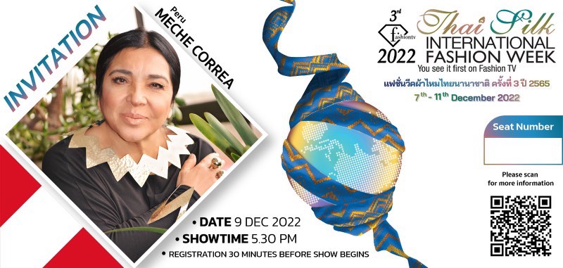 ข่าวภาษาอังกฤษ - Meche Correa is a designer from Peru. Bring contemporary Thai silk dresses designed Participating in the 3rd International Thai Silk Fashion Week 2022