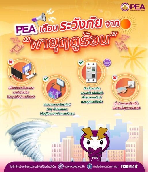 ข่าวราชการ, รัฐวิสาหกิจ - การไฟฟ้าส่วนภูมิภาค (PEA) เตือนประชาชนระวังอันตรายจาก พายุฤดูร้อน