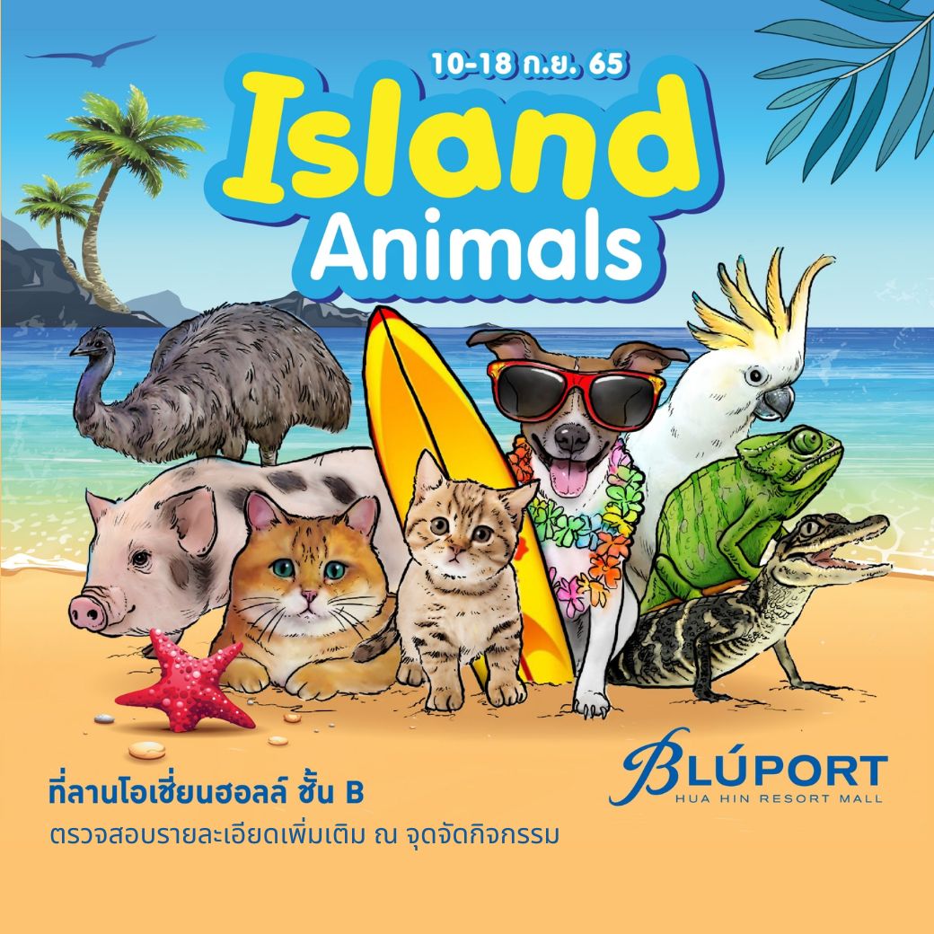 ข่าวท่องเที่ยว - ถ้าเธอเบื่อเขา มาหาพวกเราบนเกาะ 10-18 ก.ย. 65 นี้ บลูพอร์ต หัวหิน ชวนชมสารพัดสัตว์น้อยใหญ่ท่ามกลางบรรยากาศสไตล์หมู่เกาะในงาน Island Animals ณ ลานโอเชี่ยนฮอลล์ ชั้น B