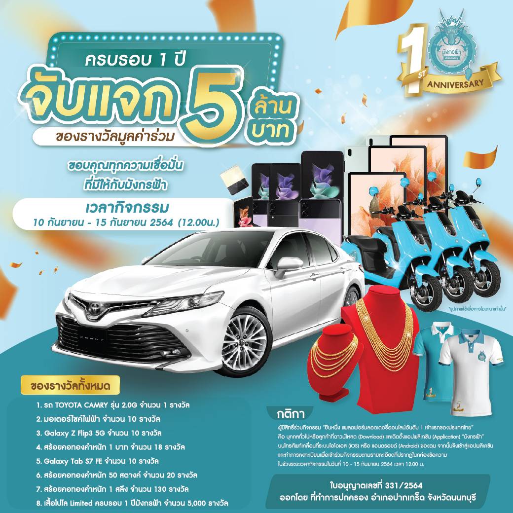 ข่าวธุรกิจ, สังคม - มังกรฟ้า ฉลองครบรอบ 1 ปี จัดแคมเปญใหญ่ แจกหนักจัดเต็ม ลุ้นของรางวัลกว่า 5 ล้านบาท