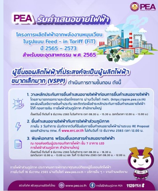 ข่าวราชการ, รัฐวิสาหกิจ - การไฟฟ้าส่วนภูมิภาค รับคำเสนอขายไฟฟ้า โครงการผลิตไฟฟ้าจากพลังงานหมุนเวียนในรูปแบบ Feed - in Tariff (FiT) ปี 2565 ? 2573 สำหรับขยะอุตสาหกรรม พ.ศ. 2565