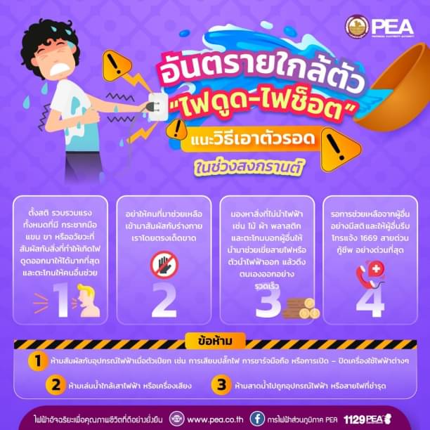 ข่าวประชาสัมพันธ์ - PR News การไฟฟ้าส่วนภูมิภาค (PEA) แนะนำ 4 วิธีเอาตัวรอดจาก “ไฟฟ้าดูด-ไฟฟ้าชอร์ต” ในช่วงสงกรานต์ หากเกิดเหตุการณ์ไม่คาดฝัน จะได้รับมือได้ทันท่วงที