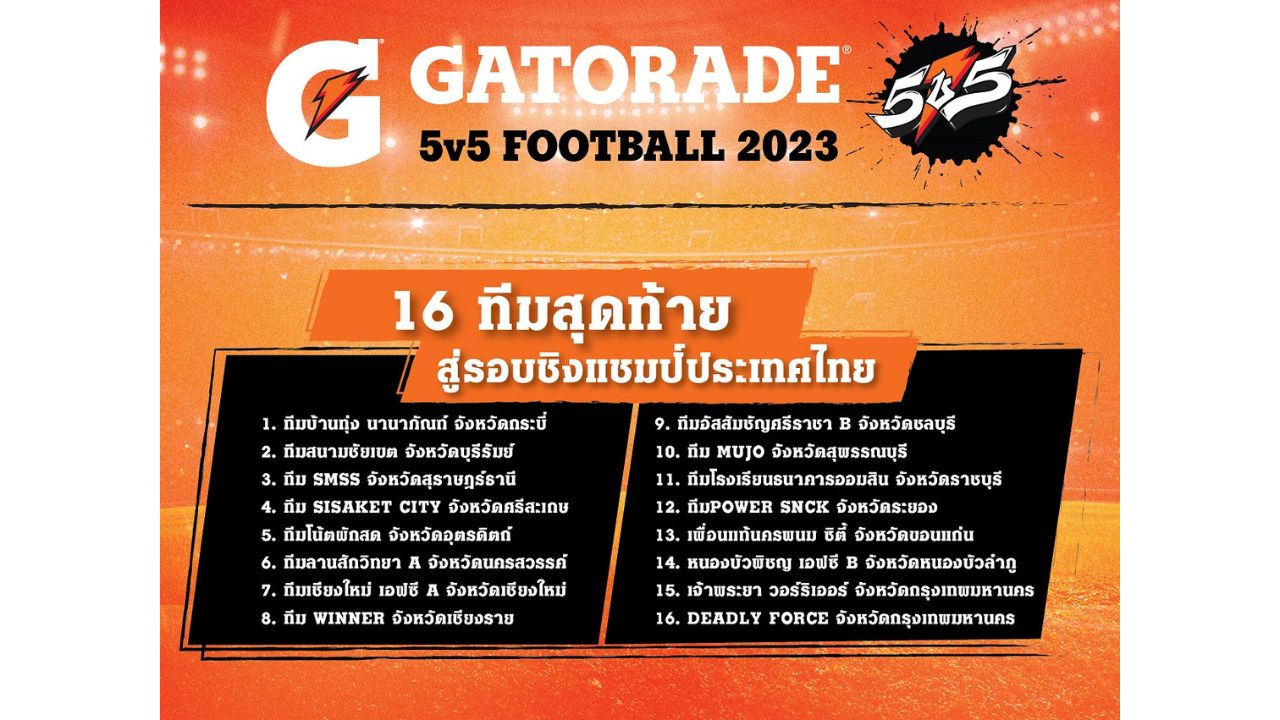 ข่าวประชาสัมพันธ์ - PR News โค้งสุดท้าย! 16 ทีม ก่อนเข้าสู่รอบชิง Gatorade 5v5 Football 2023 พร้อมลุ้นสุดยอดทีมผู้ชนะ บินลัดฟ้าร่วมแข่งขันรอบสุดท้ายที่อิสตันบูล ประเทศตุรกี