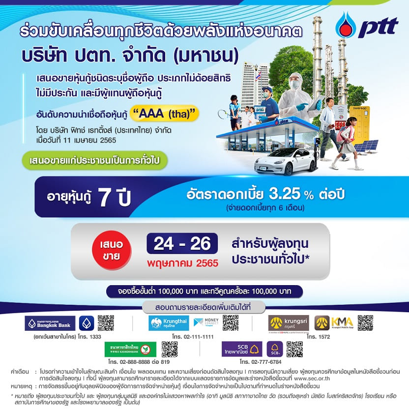 ข่าวธุรกิจ, สังคม - ปตท. พร้อมเสนอขายหุ้นกู้ อายุ 7 ปี อัตราดอกเบี้ย 3.25% ต่อปี แก่ผู้ลงทุนประชาชนทั่วไป เปิดจองซื้อพรุ่งนี้ ถึง 26 พ.ค. 65 ผ่านสถาบันการเงิน 5 แห่ง 