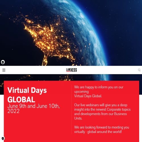 ข่าวงานอีเว้นท์ - แลนเซสส์ (LANXESS) จัดงานสัมมนาออนไลน์ระดับโลก ?Virtual Days? แสดงผลิตภัณฑ์และนวัตกรรมทางด้านเคมีภัณฑ์