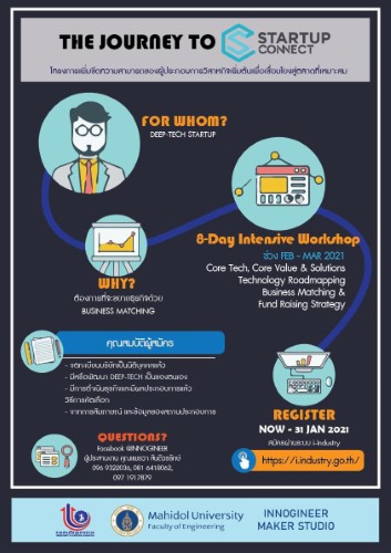 ข่าวเศรษฐกิจ, การเงิน - กสอ.ร่วมกับ Innogineer วิศวะมหิดล  จัด The Journey To Startup Connect บ่มเพาะสตาร์ทอัพ สาย Deep-Tech