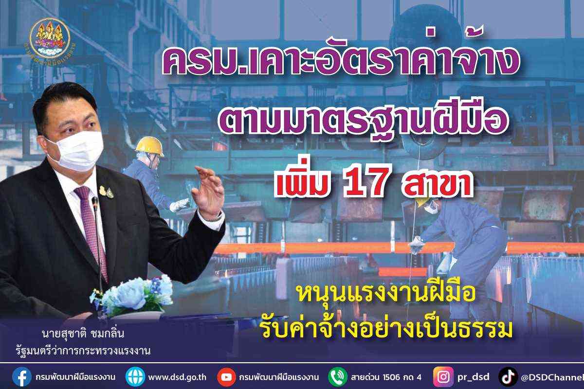 ข่าวประชาสัมพันธ์ - PR News แรงงาน เฮ ครม.เคาะอัตราค่าจ้างตามมาตรฐานฝีมือ เพิ่ม 17 สาขา หนุนแรงงานฝีมือรับค่าจ้างอย่างเป็นธรรม